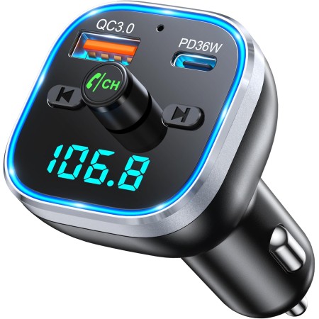 Mohard Bluetooth Adapter Auto, 54W [PD & QC 3.0] Schnellladung FM Transmitter Auto Bluetooth 5.3, Freisprechanlage, 7 Farbige LED-Atmosphärenlichter, Bloototh Transmitter Autoladegerät Bedienelemente