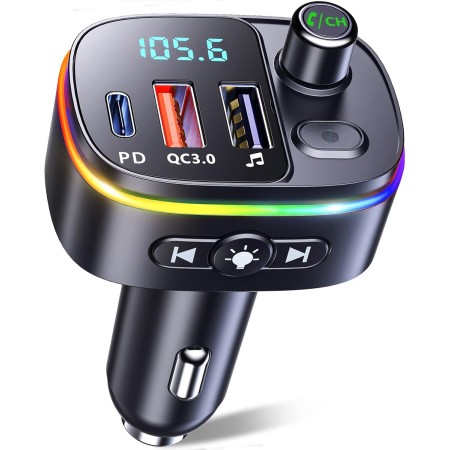 Mohard Bluetooth Adapter Auto, PD 18W&QC3.0 FM Transmitter Auto, 9 RGB Beleuchtungsmodi, 3 USB Anschlüss Auto Ladegerät, Unterstützt Freisprechfunktion, Siri Assistant, USB-Disk, Patchkabel-Adapter
