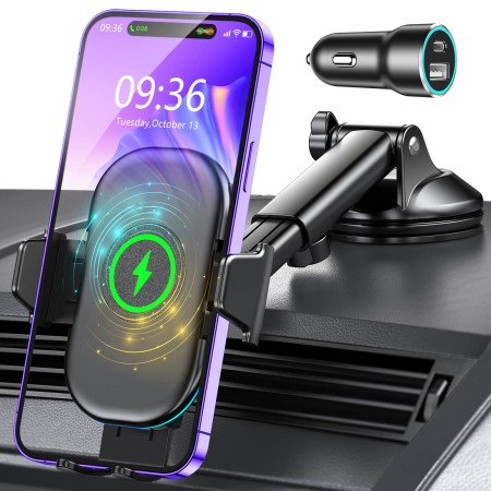 Mohard Car Phone Holder Wireless Charger with QC 3.0 Charger Adapter, Max 15W Qi Fast Charging Car Mount, 360° Rotation Dashboard Wireless Car Charger Compatible with iPhone 14 Pro Max/13/12, Samsung