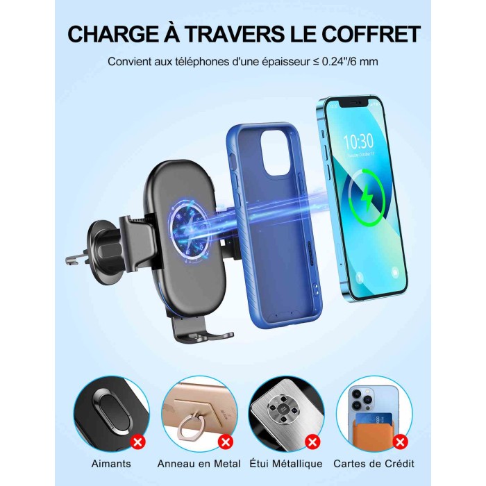 Mohard 15W Chargeur Induction Voiture Qi Avec Support 360° Rotation - Compatible IPhone 16/15 & Galaxy, Adaptateur QC 3.0 Inclus