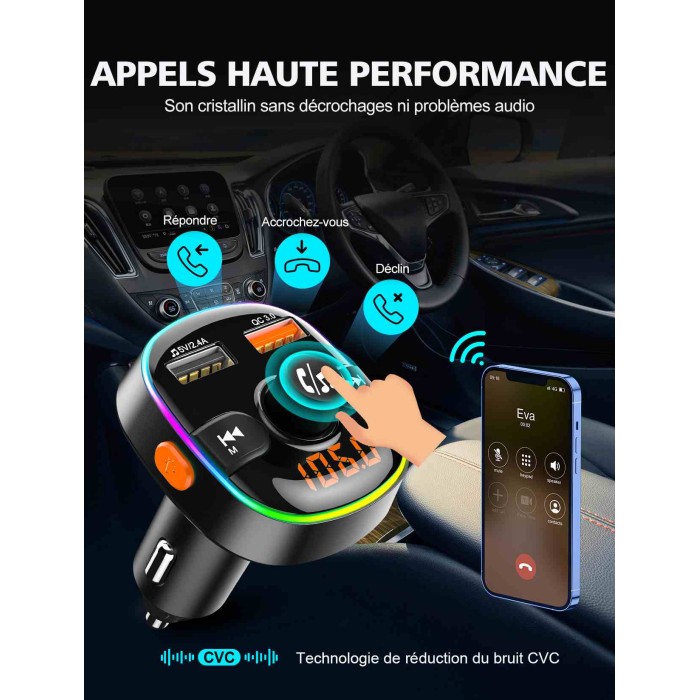 Transmetteur FM Bluetooth 5.0 Pour Voiture - Charge Rapide QC3.0, 2 Ports USB - Appel Mains Libres
