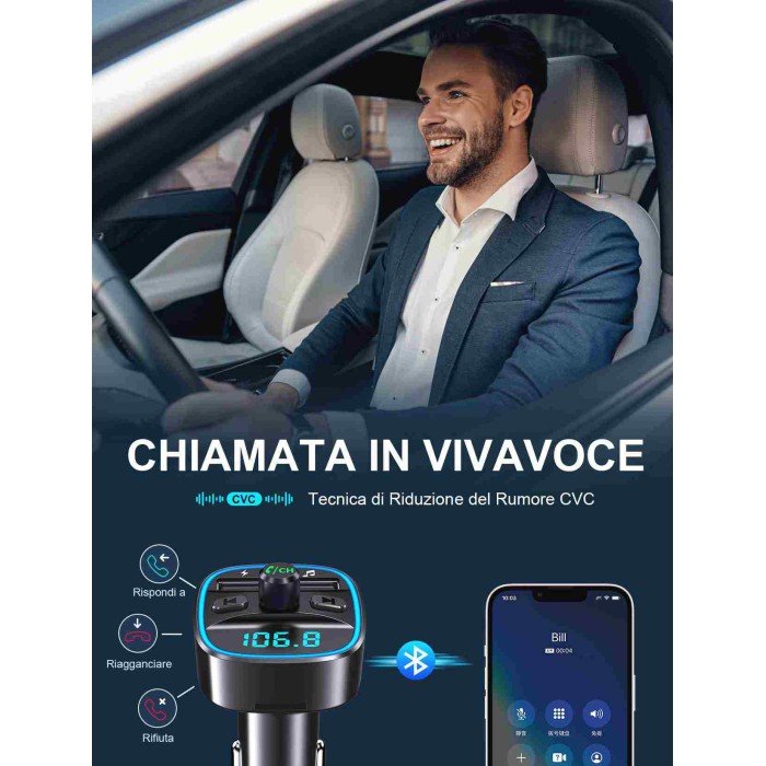 Trasmettitore FM Bluetooth 5.3 Per Auto Con Doppia USB – Chiamate Vivavoce, Lettore USB/TF E Luce Blu